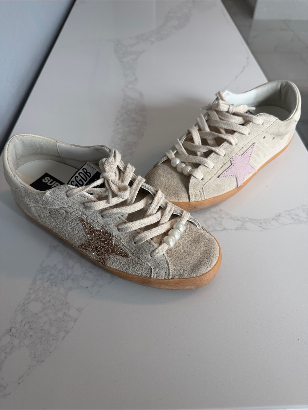 Custom Suede Golden Goose’s, Pink & Gold Stars With Pearls Size 37